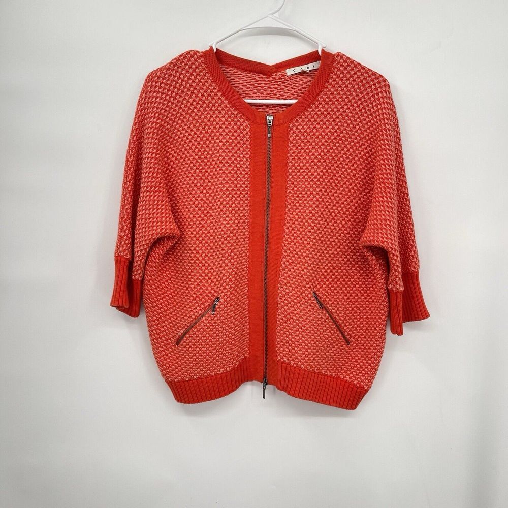 Cabi Small‎ Zip Up Cardigan Womens Orange Pink Textured Knit 3/4 Sleeve 195